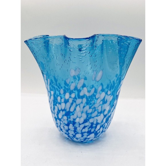 Unmarked Other - Ruffled Vase Handkerchief Style Hand Blown Glass Blue & White W/ Bubbles 7” Nice